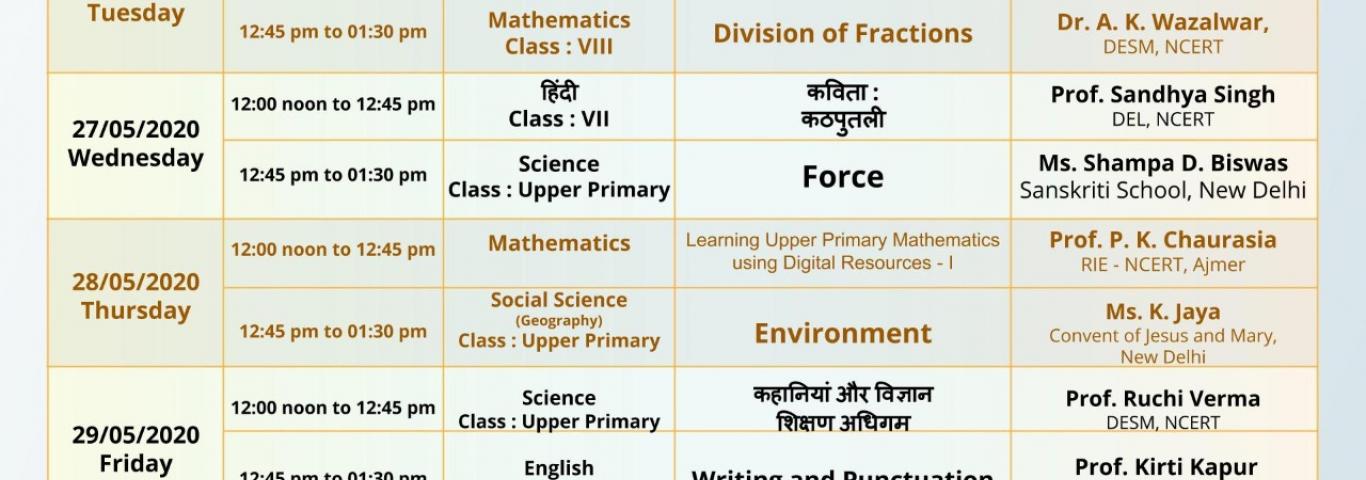 Schedule for Telecast of live  Programme on  SWAYAM PRABHA #31 25TH May to 31st May  2020 on KISHOR MANCH by NCERT for Upper Primary Classes